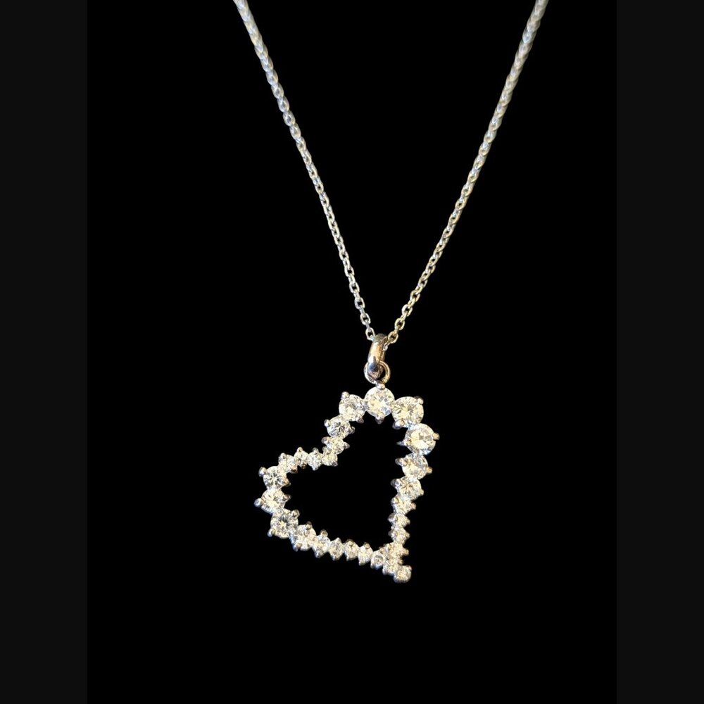 925 Sterling Open Crystal 1.25" Pendant Heart 17.5" Chain Necklace